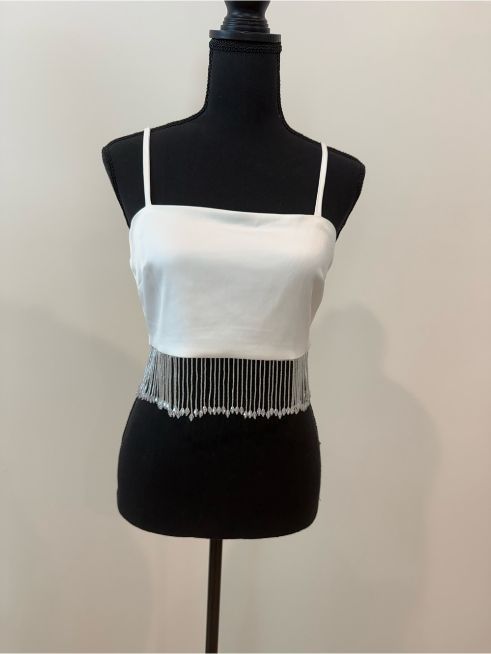 12th Tribe White Satin Beaded Fringe Crop Top